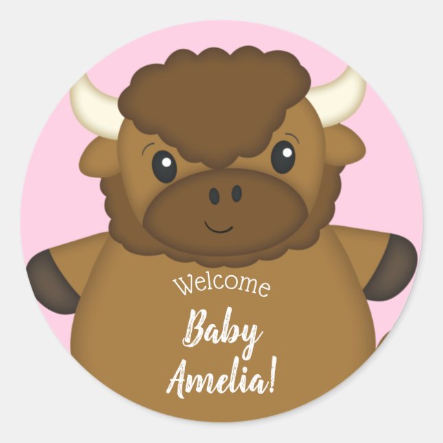 Bison Buffalo Baby Dusche Rosa Runder Aufkleber (Vorderseite)