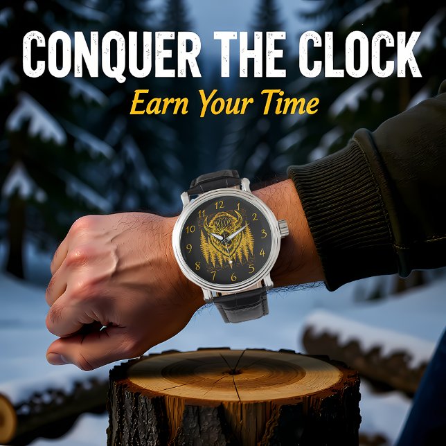 Bison Buffalo Head Illustration Amid Tall Trees Armbanduhr (Von Creator hochgeladen)