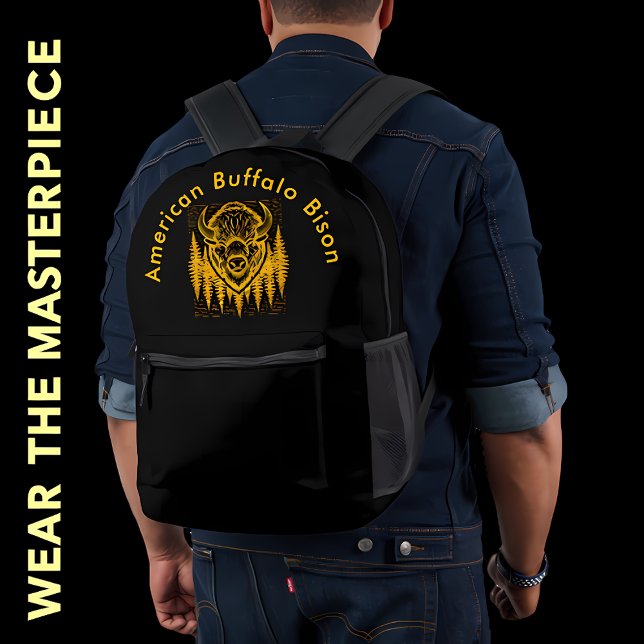 Bison Buffalo Head Illustration Amid Tall Trees Bedruckter Rucksack (Von Creator hochgeladen)