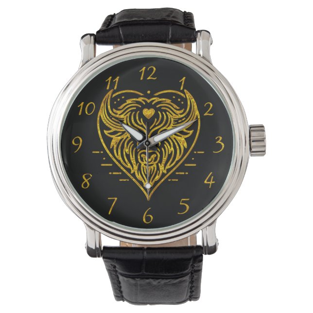 Bison Buffalo Illustration in Herzform Design Armbanduhr (Vorderseite)