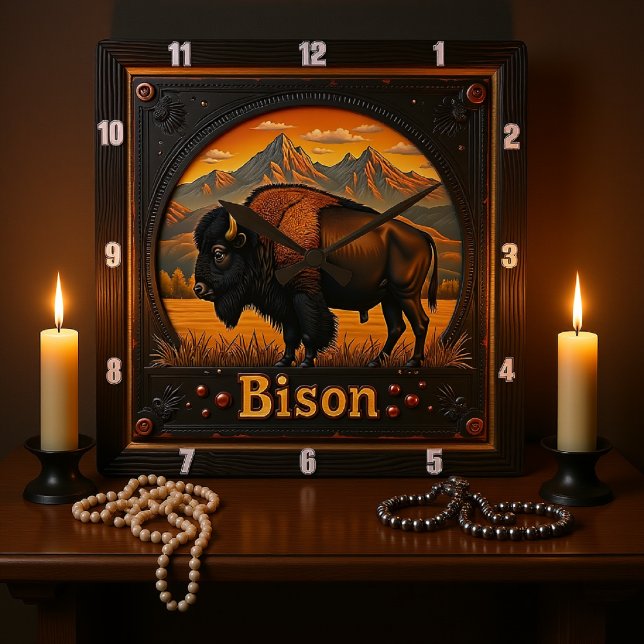 Bison Buffalo Mountain Bison Sunset Quadratische Wanduhr (Von Creator hochgeladen)