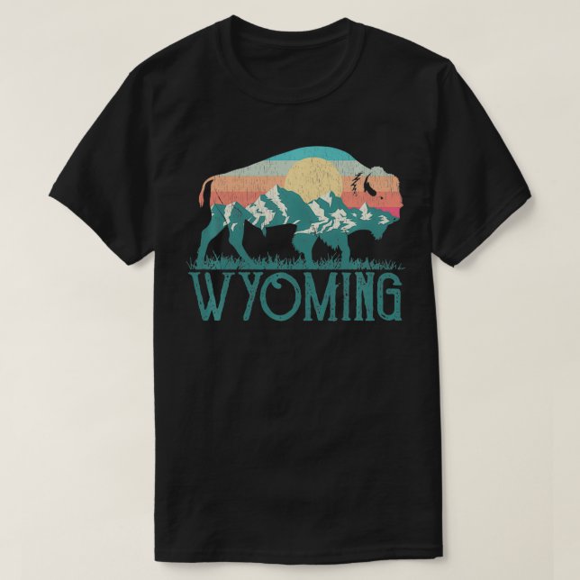 Bison Buffalo Retro Mountains WY Wyoming T-Shirt (Design vorne)