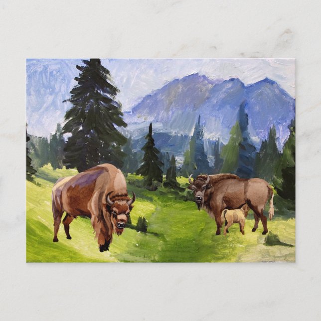 Bison Buffalo Wasserfarbenwelt Landschaft Feiertagspostkarte (Vorderseite)