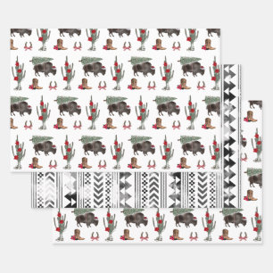 Bison Christmas Tree Ranch Western Geometric Geschenkpapier Set