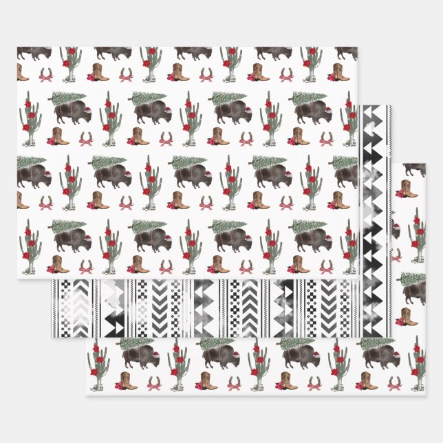 Bison Christmas Tree Ranch Western Geometric Geschenkpapier Set (Set)