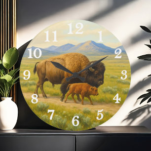 Bison-Duo in goldener Prärie Große Wanduhr