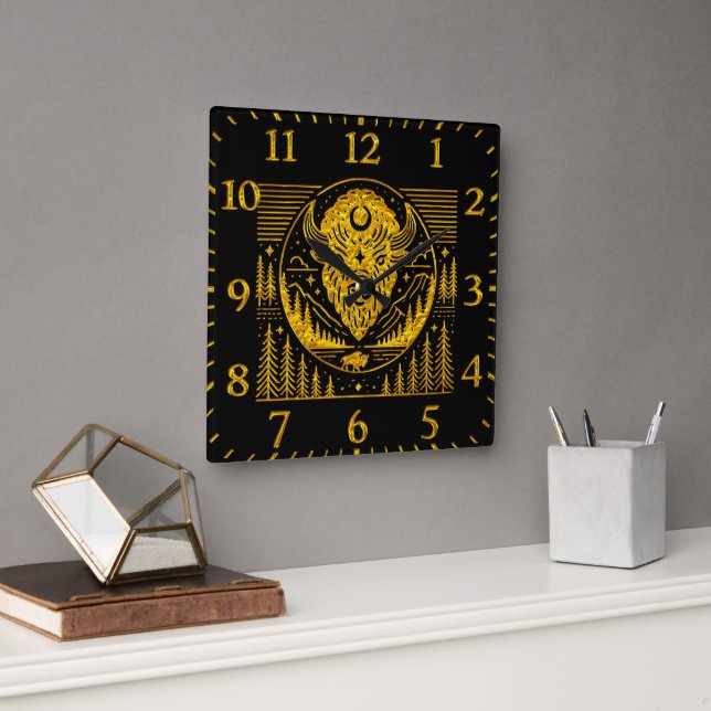 Bison Head Silhouette gegen Gebirgslandschaft Quadratische Wanduhr (Büro)