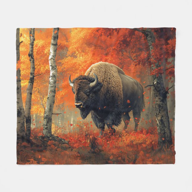 Bison im Herbstwald Artwork Fleecedecke (Vorderseite (Horizontal))