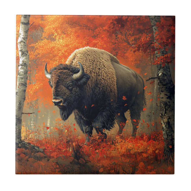 Bison im Herbstwald Artwork Fliese (Vorderseite)