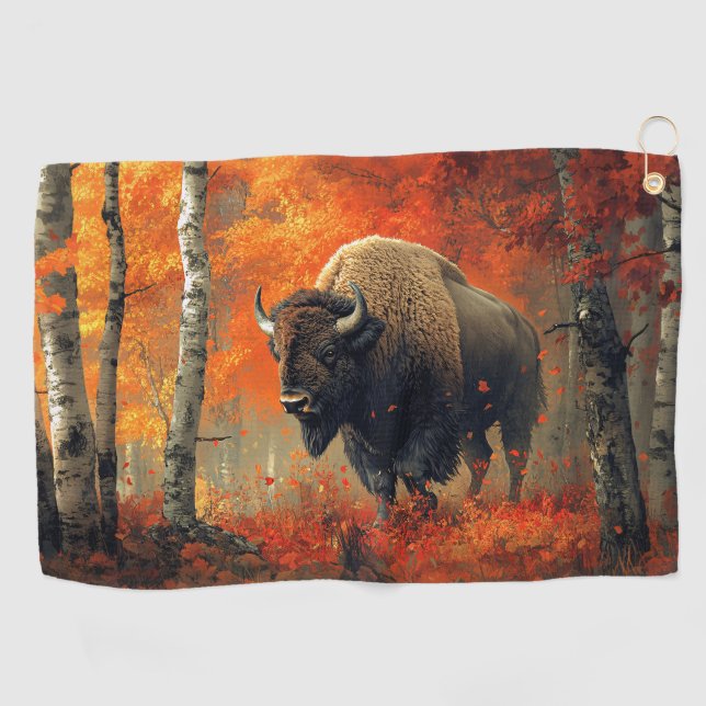 Bison im Herbstwald Artwork Golfhandtuch (Horizontal)