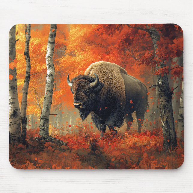 Bison im Herbstwald Artwork Mousepad (Vorne)