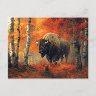 Bison im Herbstwald Artwork Postkarte