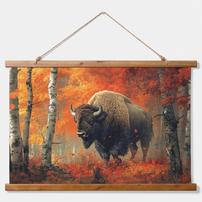 Bison im Herbstwald Artwork Wandteppich Mit Holzrahmen (Vorne)