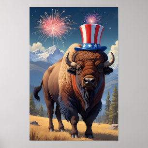 Bison mit gelesenem weißem Hut und blauen Feuerwer Poster