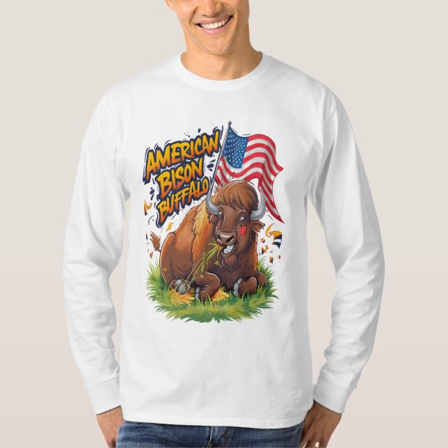 Bison mit US-Flagge im Gras T-Shirt (Vorderseite)