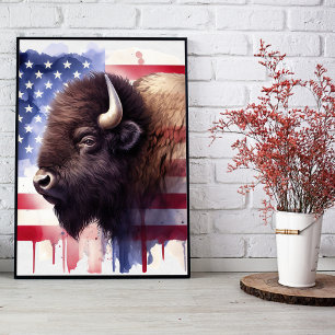 Bison mit USA-Flagge Fotodruck
