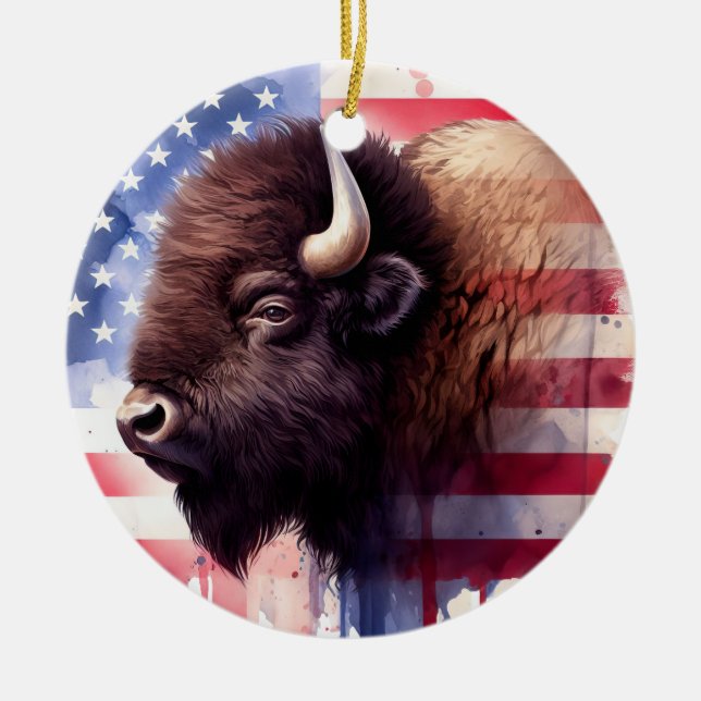 Bison mit USA-Flagge Keramik Ornament (Vorne)