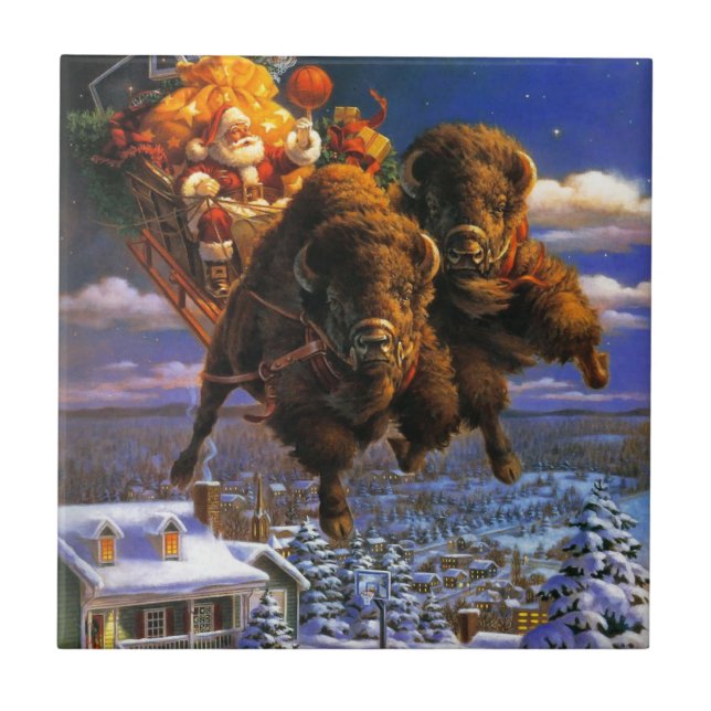 Bison Pulling Santa Claus Fliese (Vorderseite)