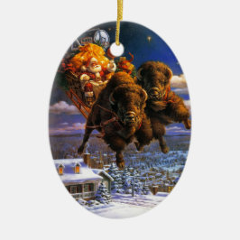 Bison Pulling Santa Claus Keramikornament