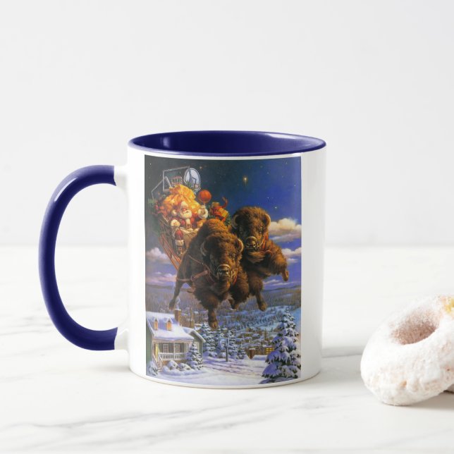 Bison Pulling Santa Claus Tasse (Mit Donut)