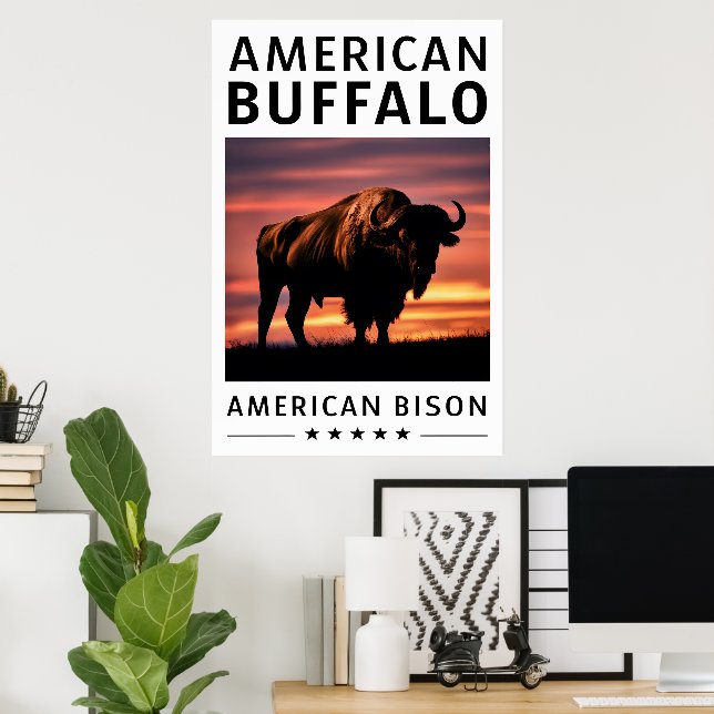 Bison-Silhouette bei Sonnenuntergang Poster (Heimbüro)