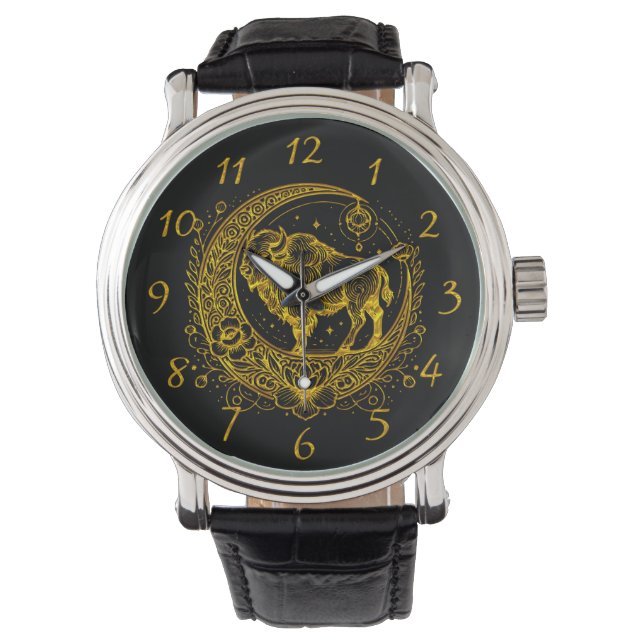 Bison Stehend in einem floralen Halbmond-Design Armbanduhr (Vorderseite)