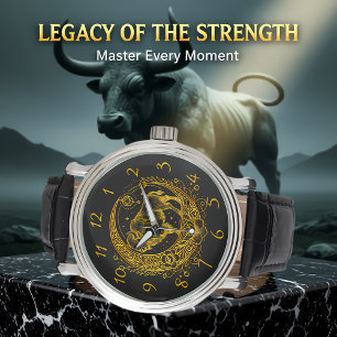 Bison Stehend in einem floralen Halbmond-Design Armbanduhr