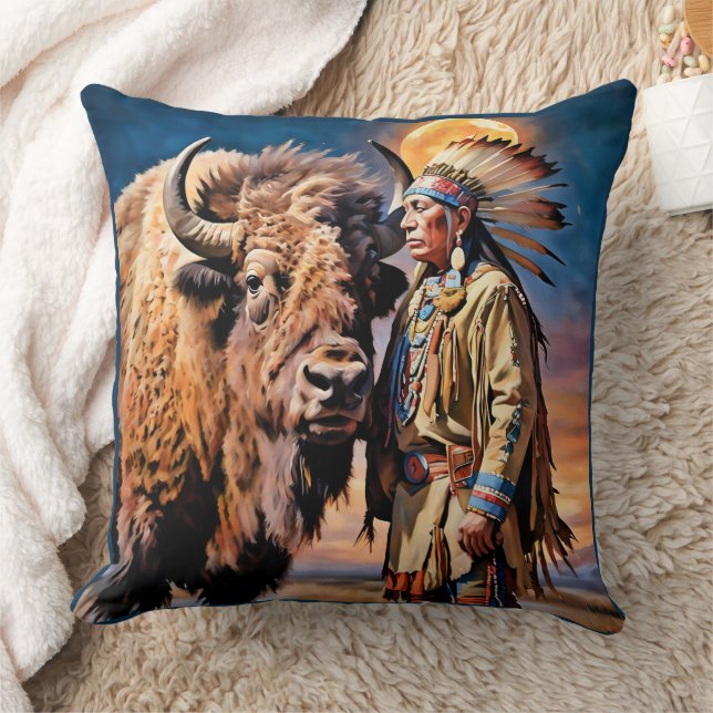 Bison und der Chef der amerikanischen Ureinwohner Kissen (Decke)