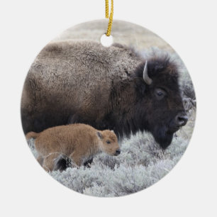 Bisonkuh mit Kalb, Yellowstone Keramik Ornament