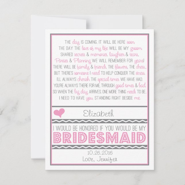 Bist du meine Bridesmaid? Rosa/graue Poemkarte V2 Einladung (Vorderseite)