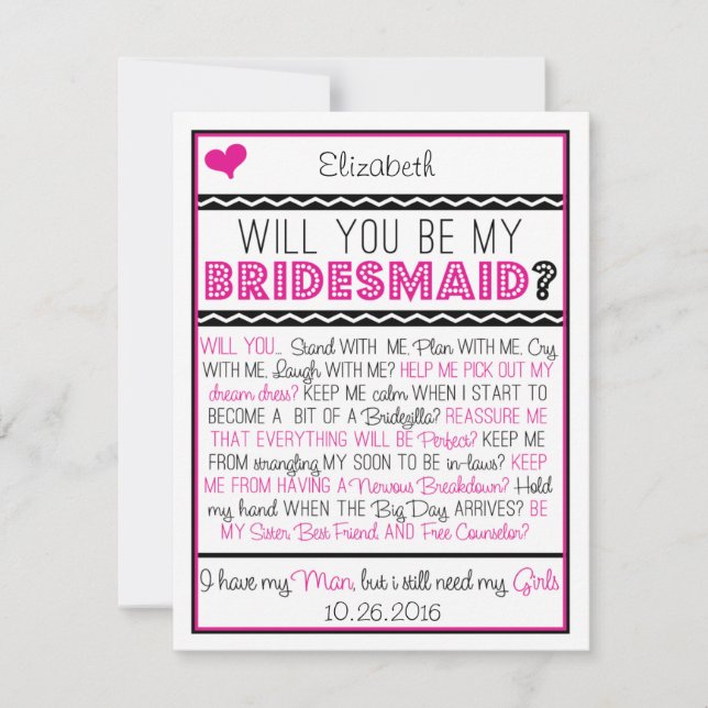Bist du meine Bridesmaid? Rosa/Schwarze Collage Einladung (Vorderseite)