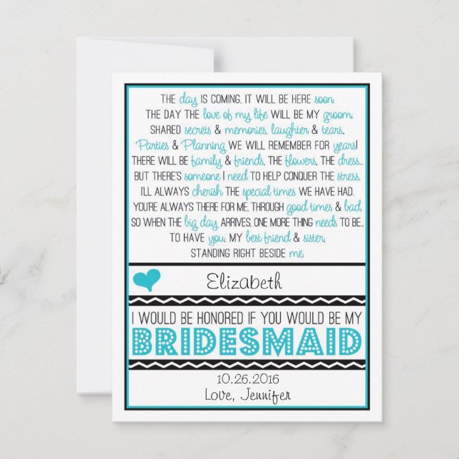 Bist du meine Bridesmaid? Türkisfarbenes/Schwarzes Einladung (Vorderseite)