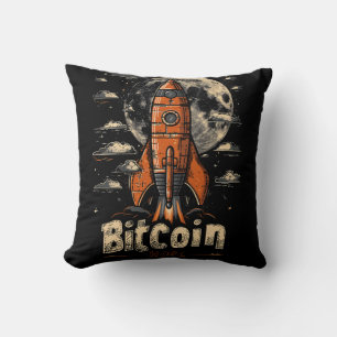 Bitcoin and Rocket to the Moon Crypto Design Kissen