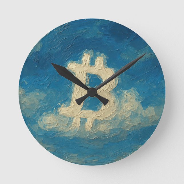 Bitcoin Blue Sky (Oil, Style: 3) Runde Wanduhr (Vorderseite)