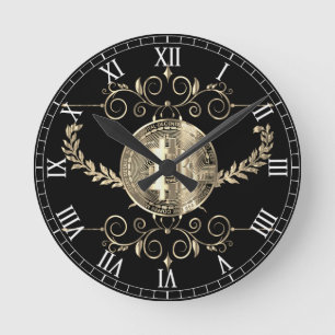 Bitcoin Goldmünze Geld Schwarzes Design Runde Wanduhr