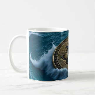 Bitcoin Münze in den Wellen Kaffeetasse