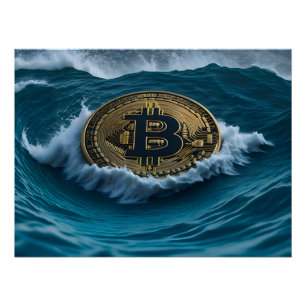 Bitcoin Münze in den Wellen Poster