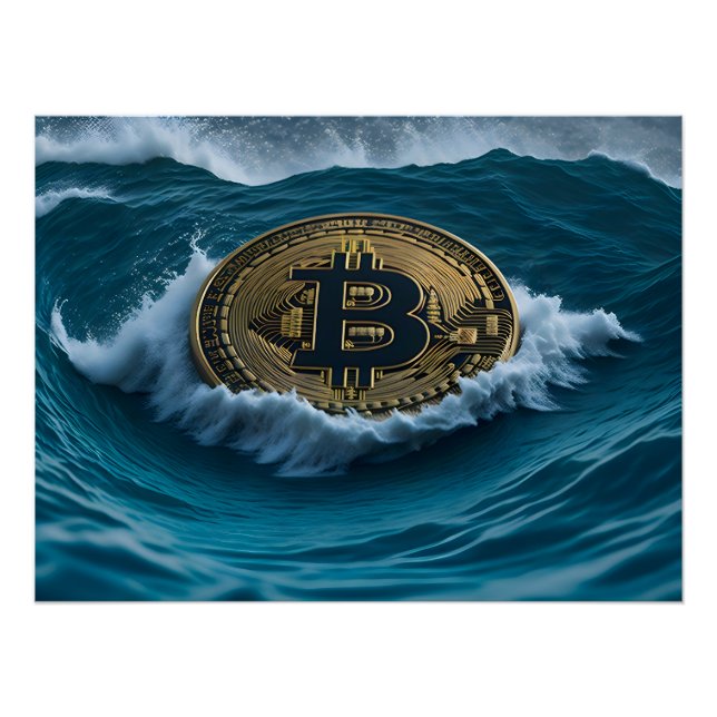 Bitcoin Münze in den Wellen Poster (Vorderseite)