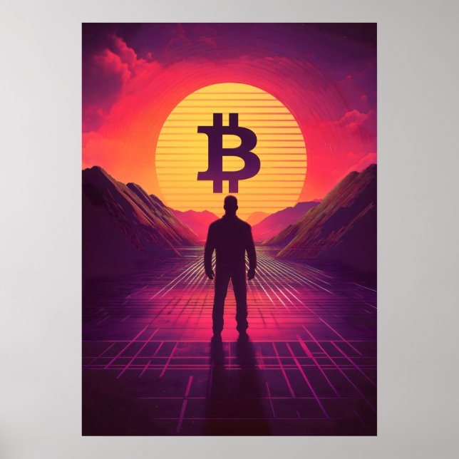 Bitcoin Retro Sunset Crypto Poster (Vorne)