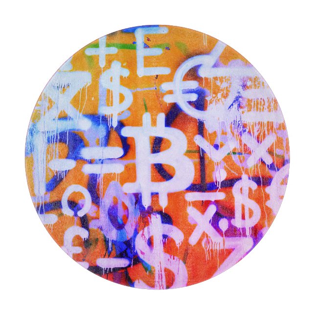 Bitcoin-Straßenkunst (Oranges Gemälde Nr. 2) Schneidebrett (Vorderseite)