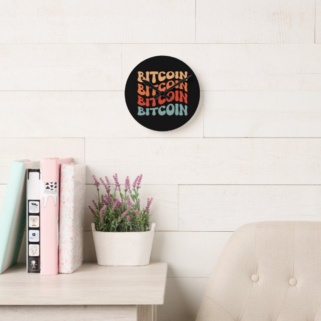 Bitcoin Wavy Text Stilvolle Crypto Typografie Desi Runde Wanduhr (Lesesaal)