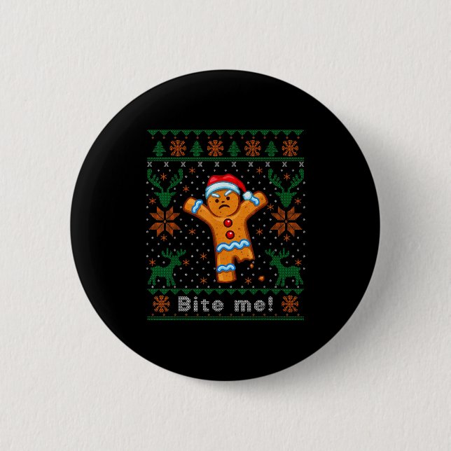 Bite Me Gingerbread Man - Funny Ugly Christmas Swe Button (Vorderseite)