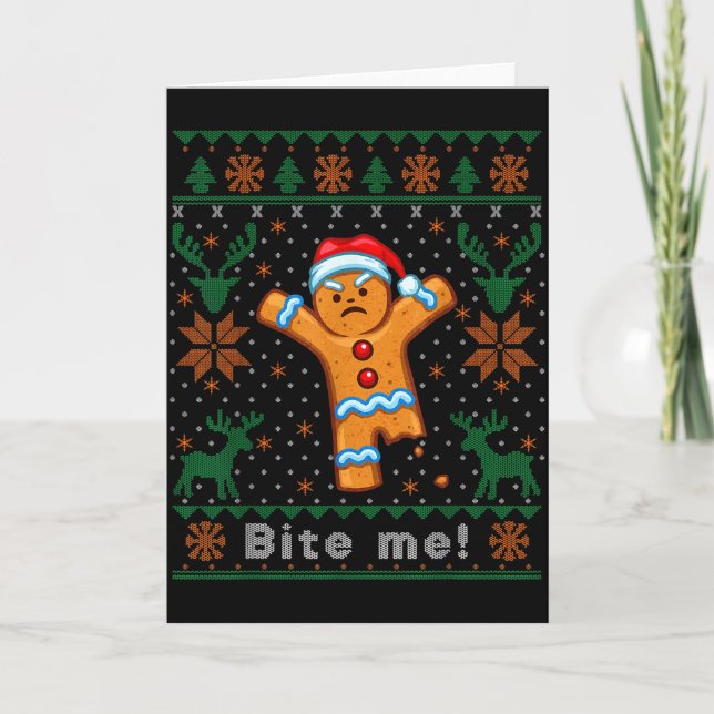 Bite Me Gingerbread Man - Funny Ugly Christmas Swe Karte (Vorderseite)