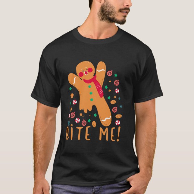 Bite Me Gingerbrot Funny Christmas Cookie Pajama T-Shirt (Vorderseite)