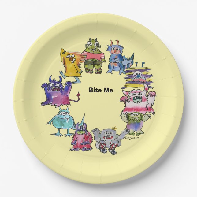 Bite Me Monsters Cartoon Plate Pappteller (Vorderseite)