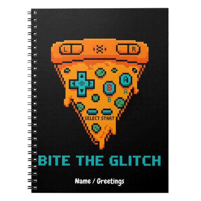 Bite the Glitch Retro 8-Bit Pixel Pizza Gamer Notizblock (Vorderseite)