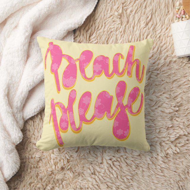 BITTE BEACH | Rosa Typografie und Zitat | Gelb Kissen (Decke)