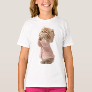 Bittendes Ingwer Kätzchen im rosa Strickjacke Kind T-Shirt