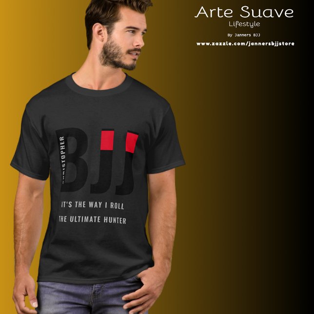 BJJ Brazilian Jiu Jitsu Add Name Black Belt T-Shirt (Dark BJJ Tshirt worn by a medium build guy.)