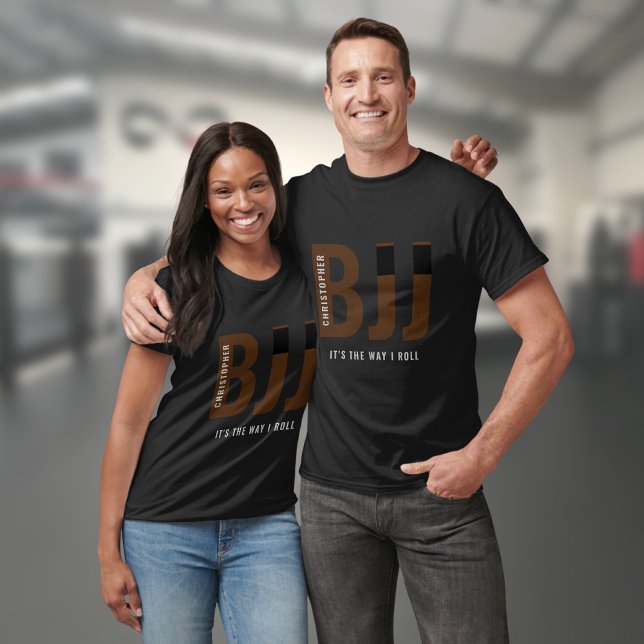 BJJ Brazilian Jiu Jitsu Add Name Brown Belt T-Shirt (Black Jiu Jitsu BJJ Tshirt with BJJ in Brown.)